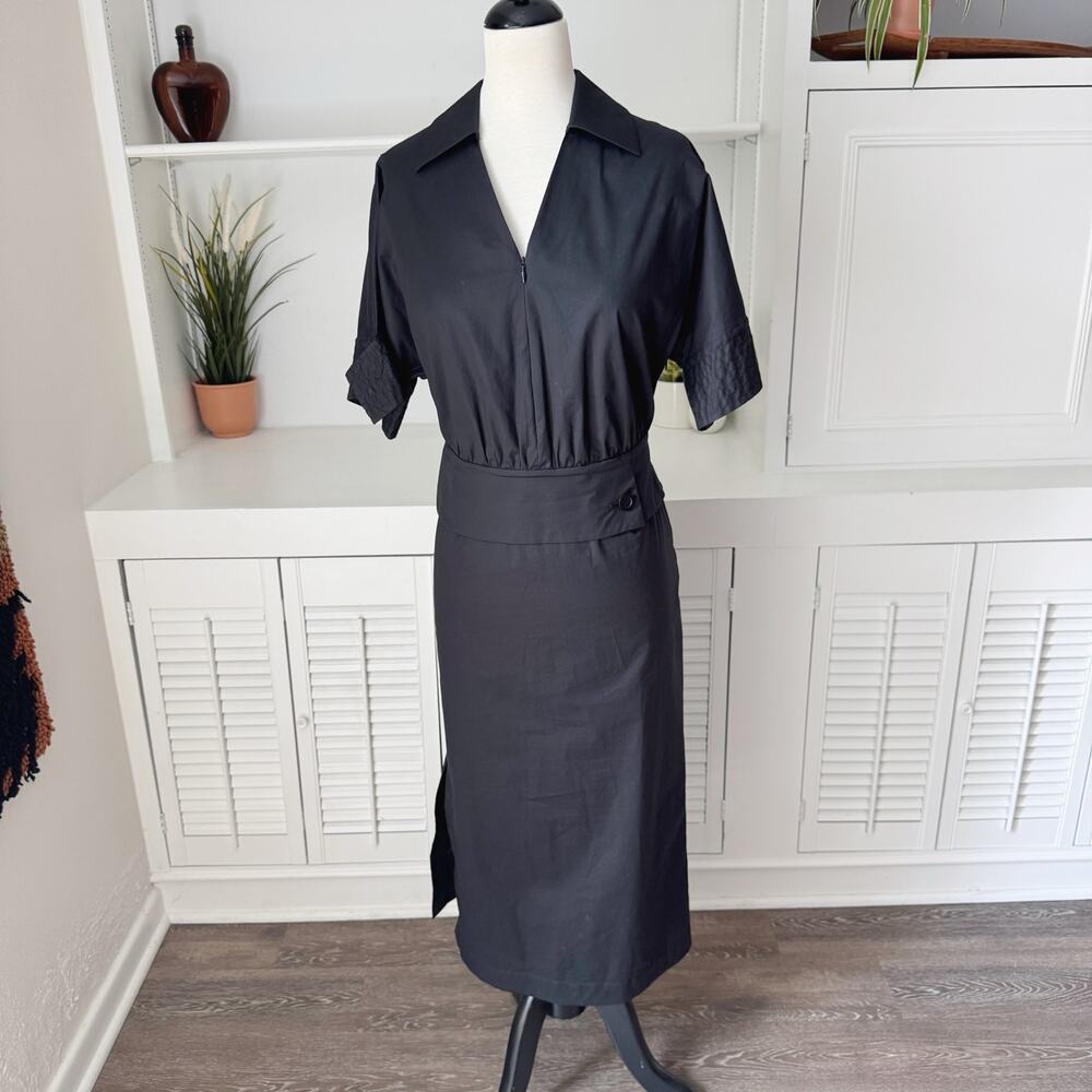 ZhuChongYun Black Crisp Cotton Midi Shirt Dress Size M